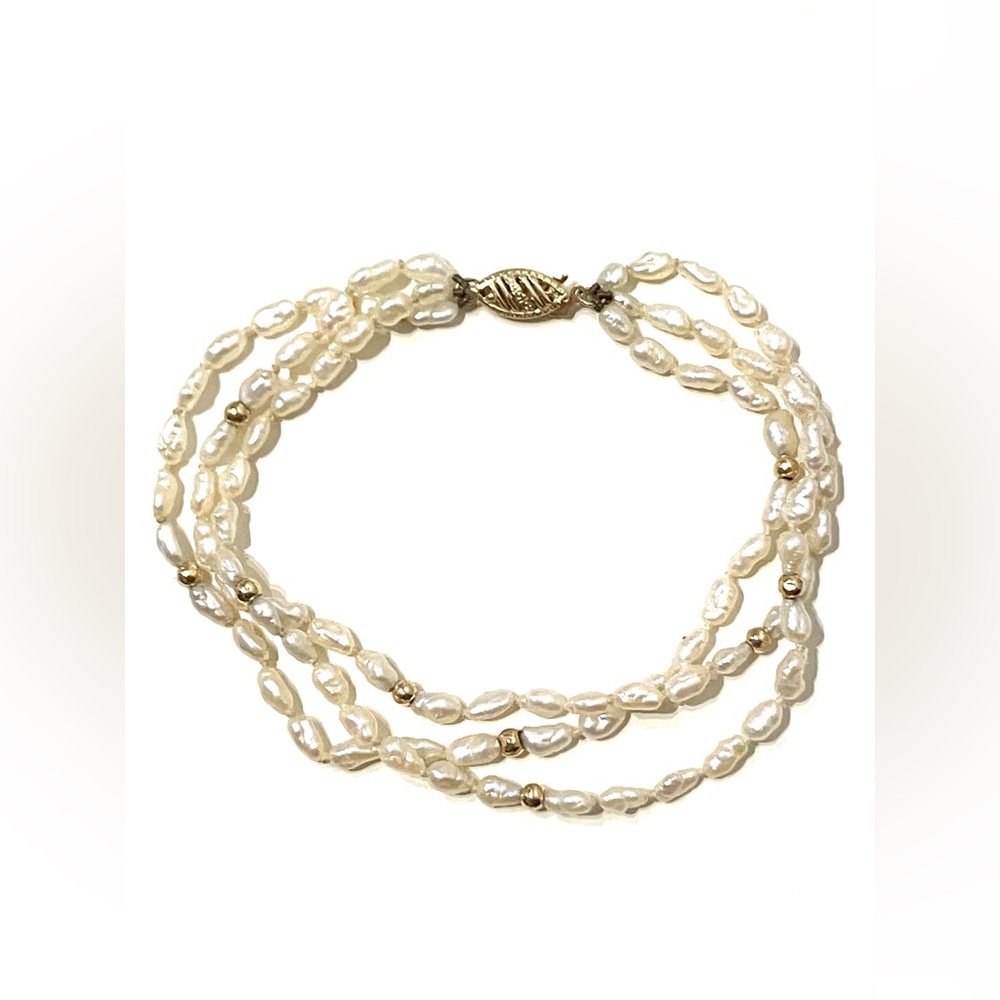 14K Triple Strand Rice Pearl Bracelet 7.5”